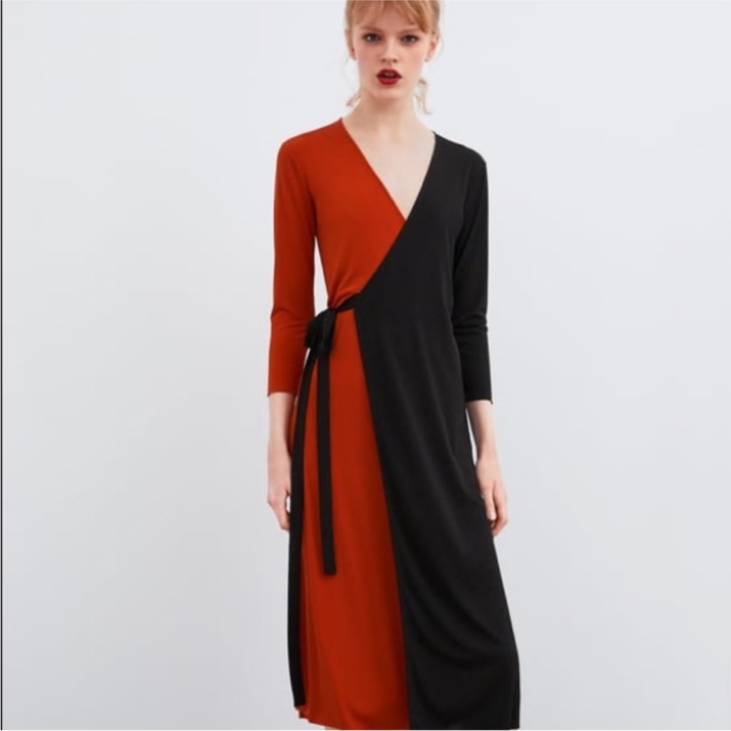 Zara Black And Orange Long Sleeve Wrap Over Dress